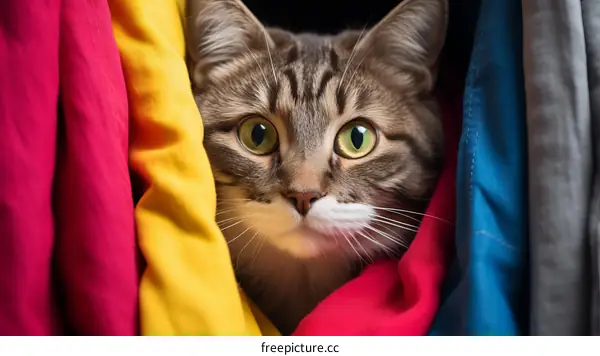 Curious Cat Peeking Out from Fabric Stash