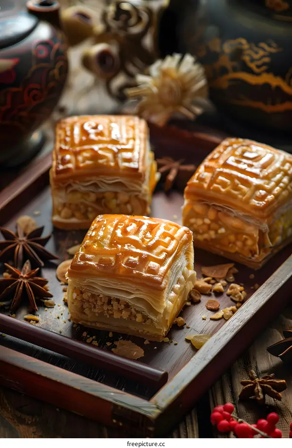Delicious Pastry on Wooden Tray with Star Anise