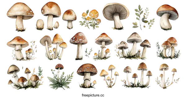 [Transparent Background PNG]Watercolor Mushroom Collection Illustration