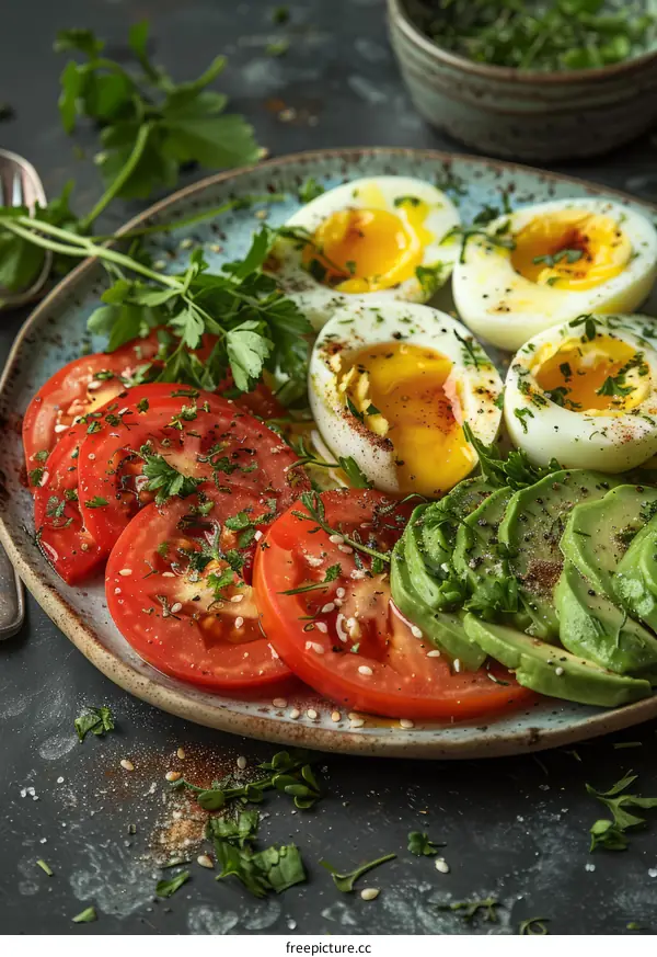 Healthy Breakfast with Avocado, Boiled Eggs, and Tomatoes