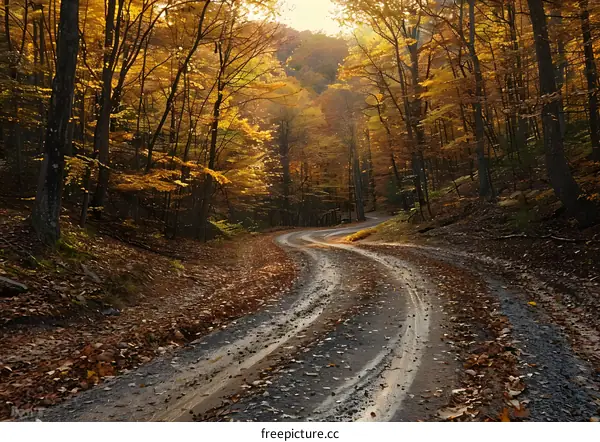 Winding Road Through Autumn Forest