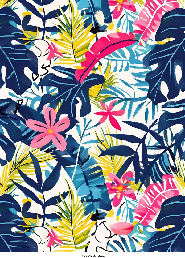 Tropical Floral Pattern with Blue and Yellow Leaves