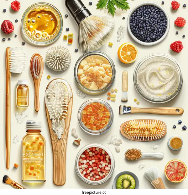 An illustration of various skin care products, including facial scrubs, moisturizers, and brushes.