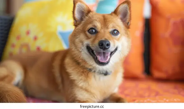 A smiling Shiba Inu dog on a couch with colorful pillows