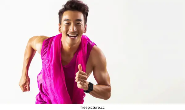 Asian man in pink sportswear running