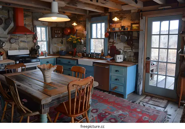 Rustic Country Kitchen Interior With Stone Walls and Wooden Beams