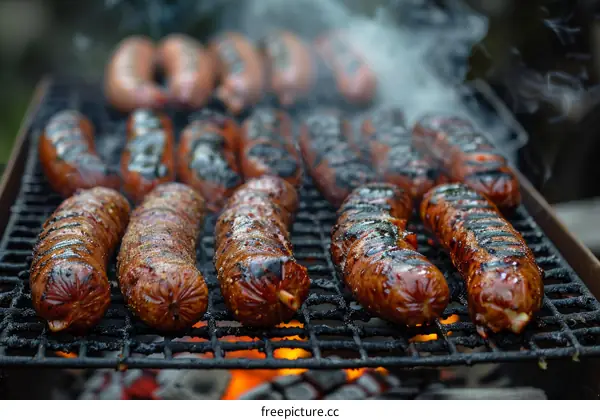 A group of sausages are being grilled on a barbecue.