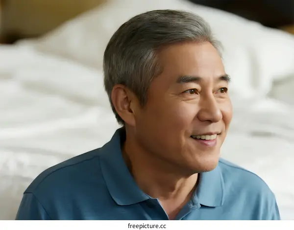 Elderly man with gray hair wearing a blue polo shirt indoors