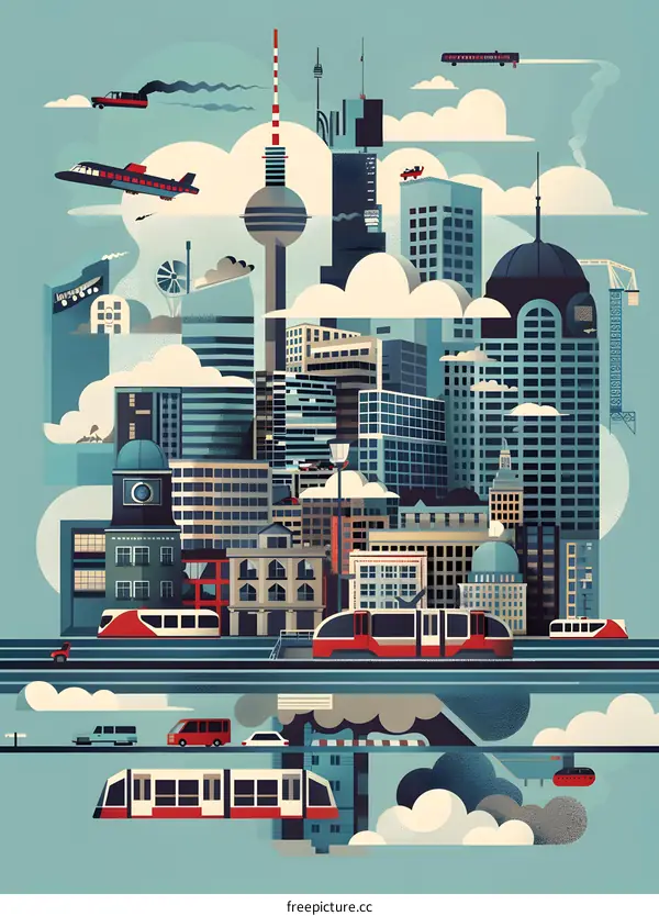 Modern Cityscape with Colorful Buildings and Transportation