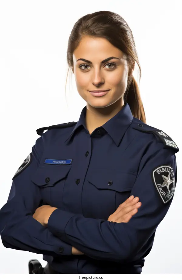 A policewoman in uniform with arms crossed