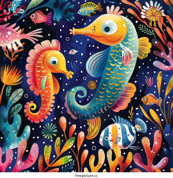 Underwater World with Tropical Fish and Playful Seahorses