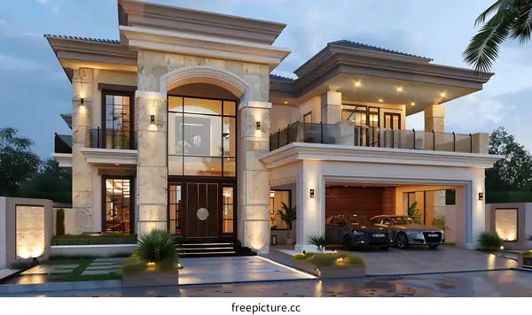 A 3D rendering of a modern house with a pool