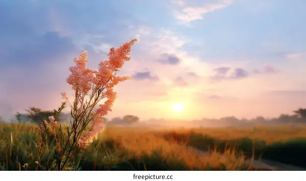 Sunrise over a Field of Grass with Pink Flowers