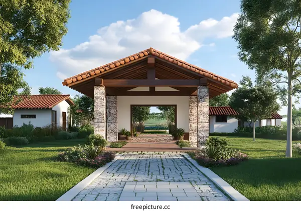 Stone Columns and Archway Leading to a Garden