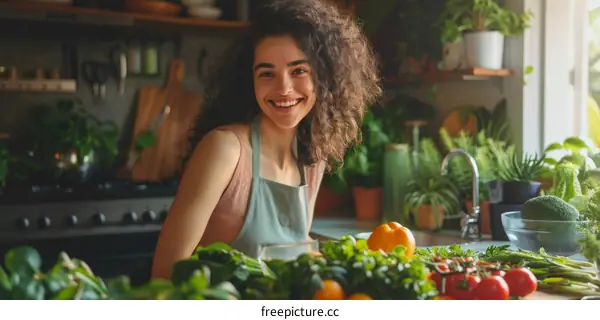 Portrait of a young woman with curly hair in a kitchen