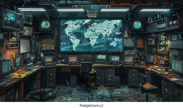 Futuristic command center with world map