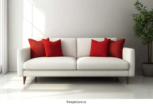 Modern Minimalist White Sofa with Red Pillows