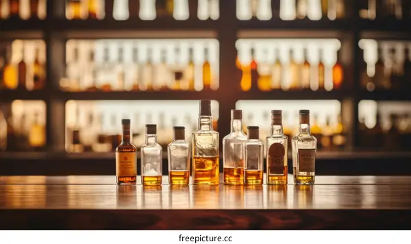 An assortment of alcoholic beverages on a bar counter
