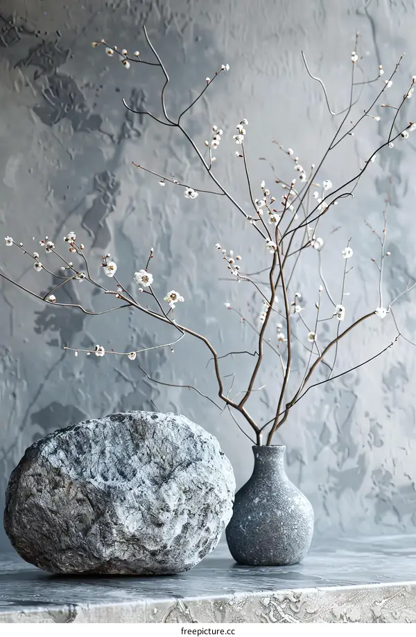 Grey Stone Vase with Branches and Flowers