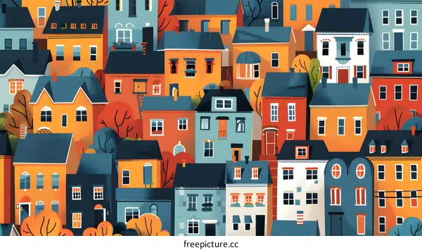 Colorful Illustration of Cityscape with Houses and Trees