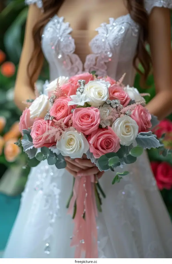 A bride holding a bouquet of pink and white roses