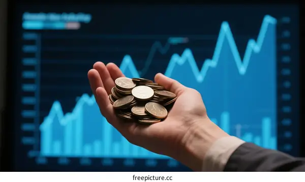 Hand Holding Coins with Stock Chart Background for Financial Growth