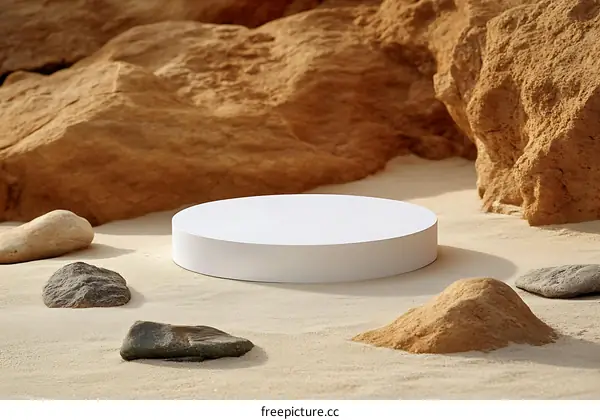 Empty White Display Platform Surrounded by Rocks and Sand