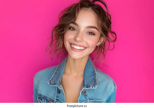 Smiling Woman in a Denim Jacket Against a Pink Background