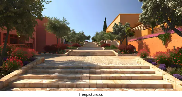 Stone Steps Leading Up to a Mediterranean Village