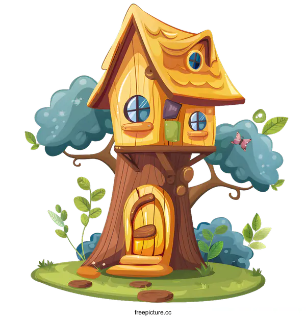 [Transparent Background PNG]Cartoon Illustration of a Treehouse with a Butterfly