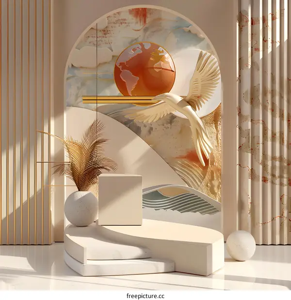 Abstract Minimalist 3D Rendered Background with Gold Accents and a Bird