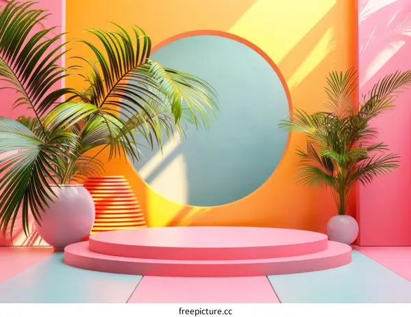Colorful Modern Display Podium with Tropical Plants