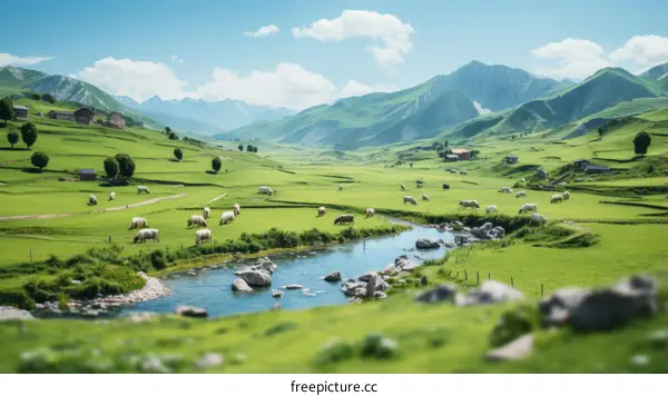 Cows grazing in a lush green valley with mountains in the distance