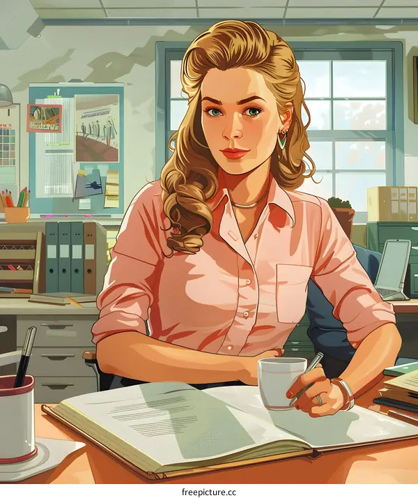 A woman in a pink shirt is sitting at a desk reading a book.