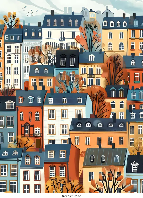 Colorful Illustration of European Cityscape With Buildings and Trees