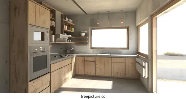 Modern Kitchen Design with Wooden Cabinets and Concrete Walls