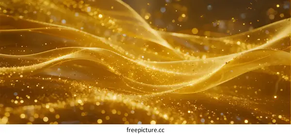 Golden Flowing Abstract Waves with Sparkling Particles Background