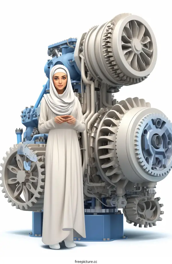 Empowered Woman in Hijab: Standing Before a Powerful Engine