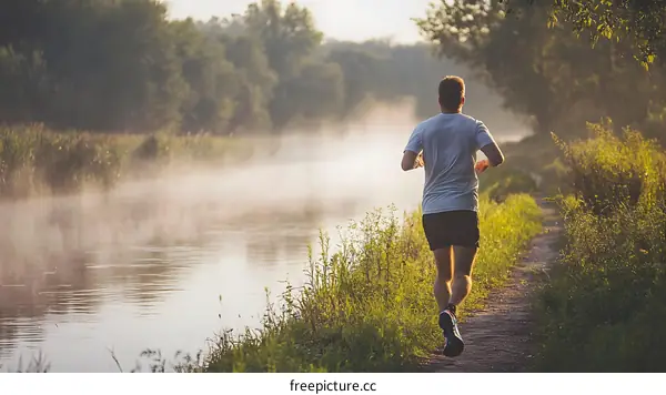 Man Running by a Foggy River in the Morning