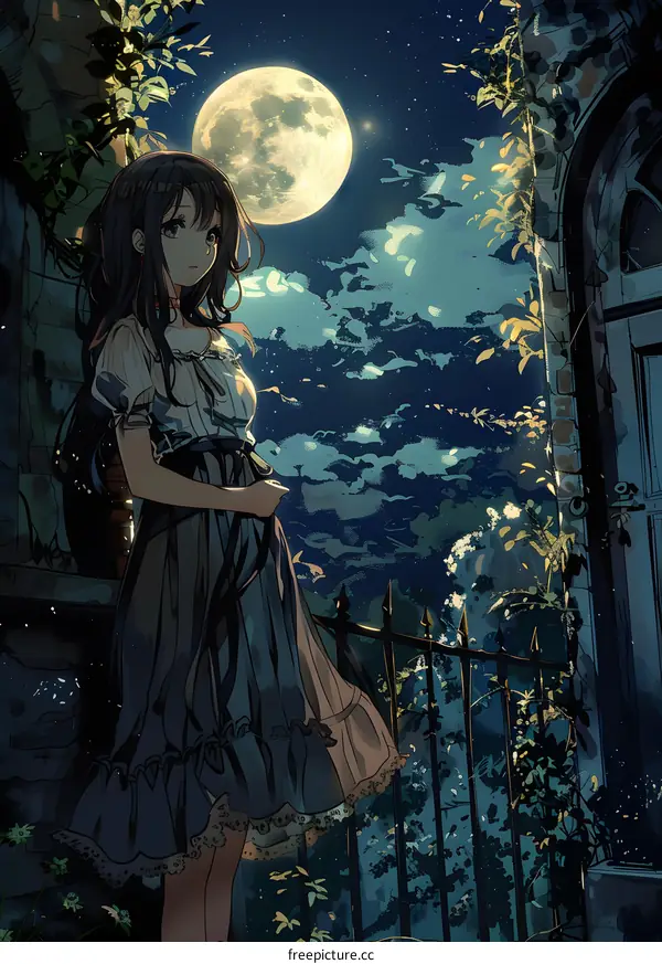 Anime Girl Standing Under the Full Moon at Night
