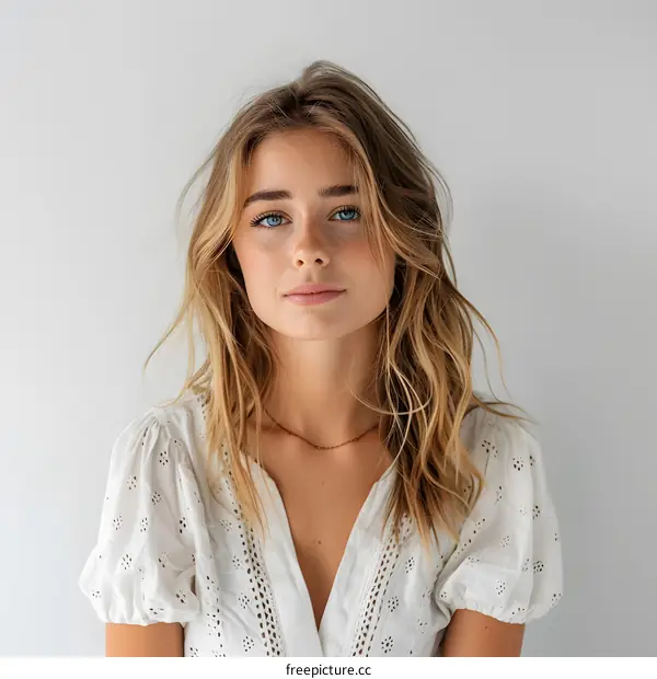 portrait of a young blonde woman in a white dress
