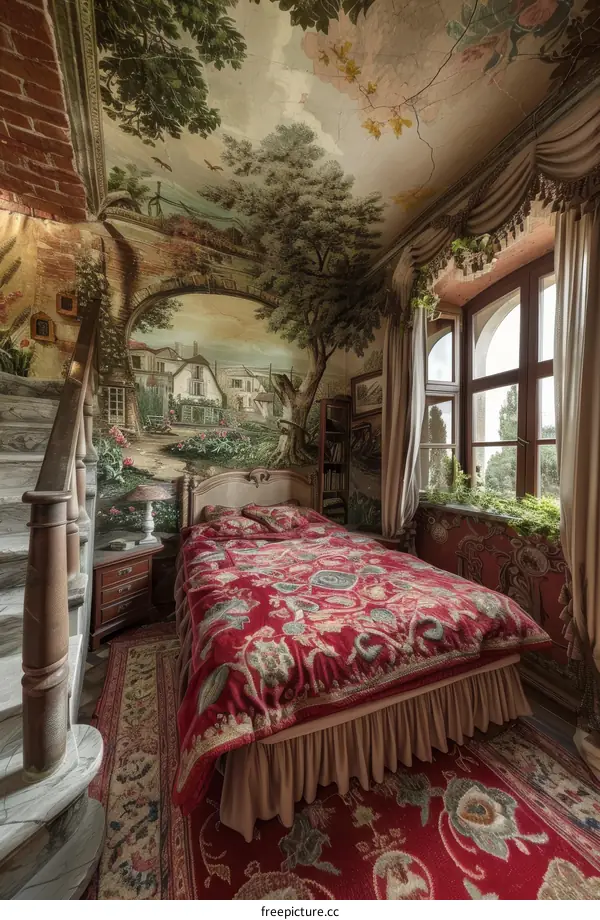 Antique Bedroom with Decorated Walls and Ceiling