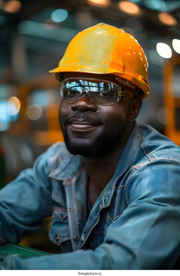 Portrait of a smiling African American man wearing a hard hat and safety glasses in a factory
