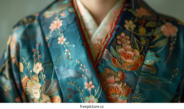 A close-up of a kimono with a floral pattern.