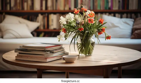 A beautiful bouquet of flowers sits on a table in front of a couch.