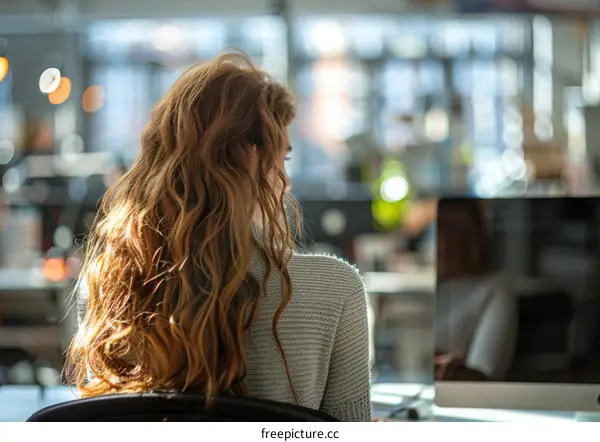 Woman with Wavy Hair Working at a Computer