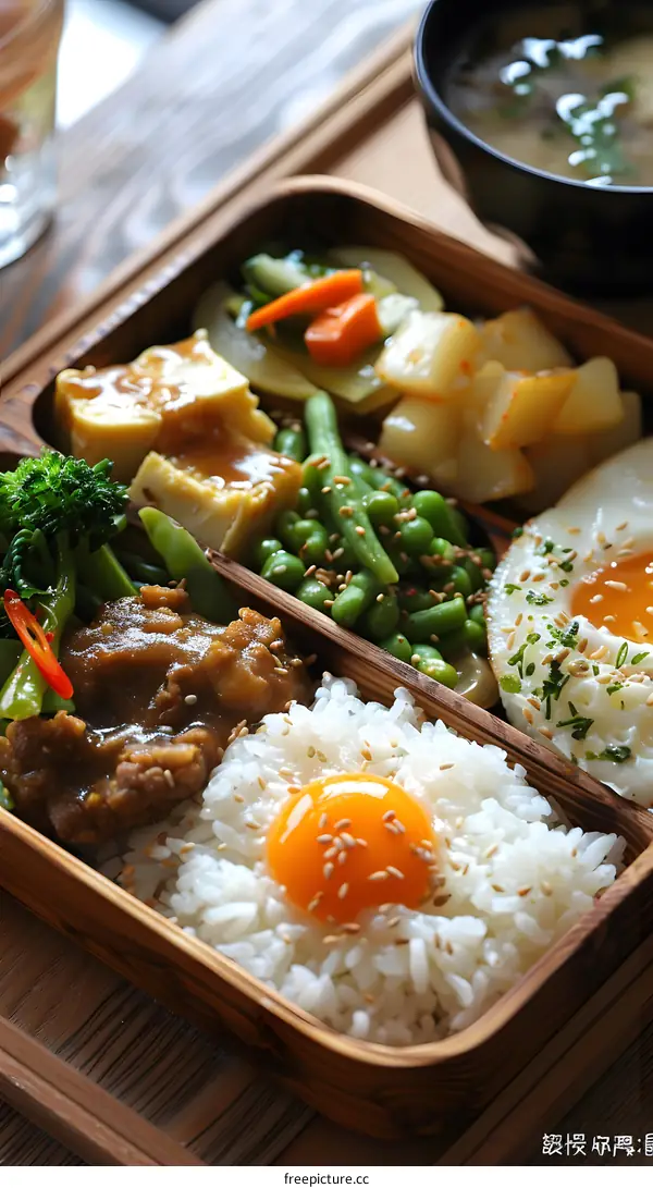 A delicious and healthy Japanese bento box with rice, vegetables, and egg