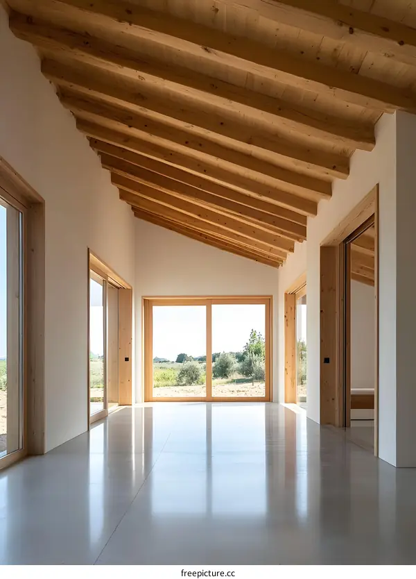 Modern Interior Design with Wooden Beams and Large Windows