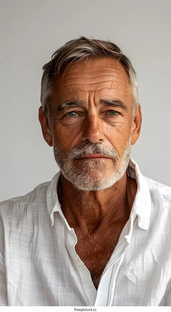 Portrait of a Senior Man with Grey Hair and a White Shirt
