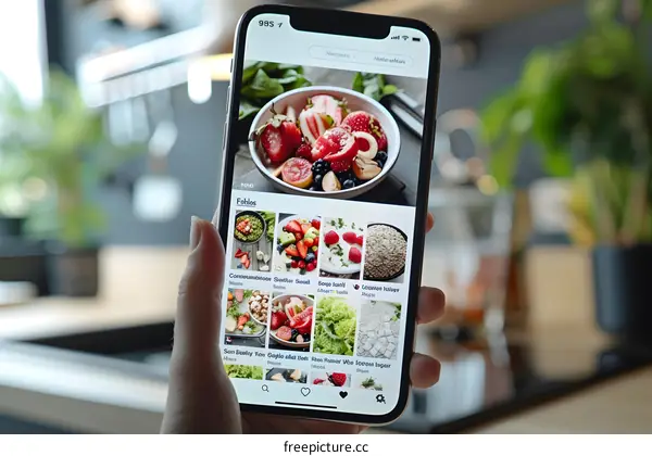 Close Up Of A Hand Holding A Smartphone Showing A Recipe App With A Bowl Of Fruit